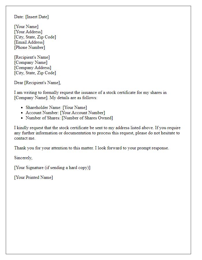 Letter template of formal request for stock certificate issuance