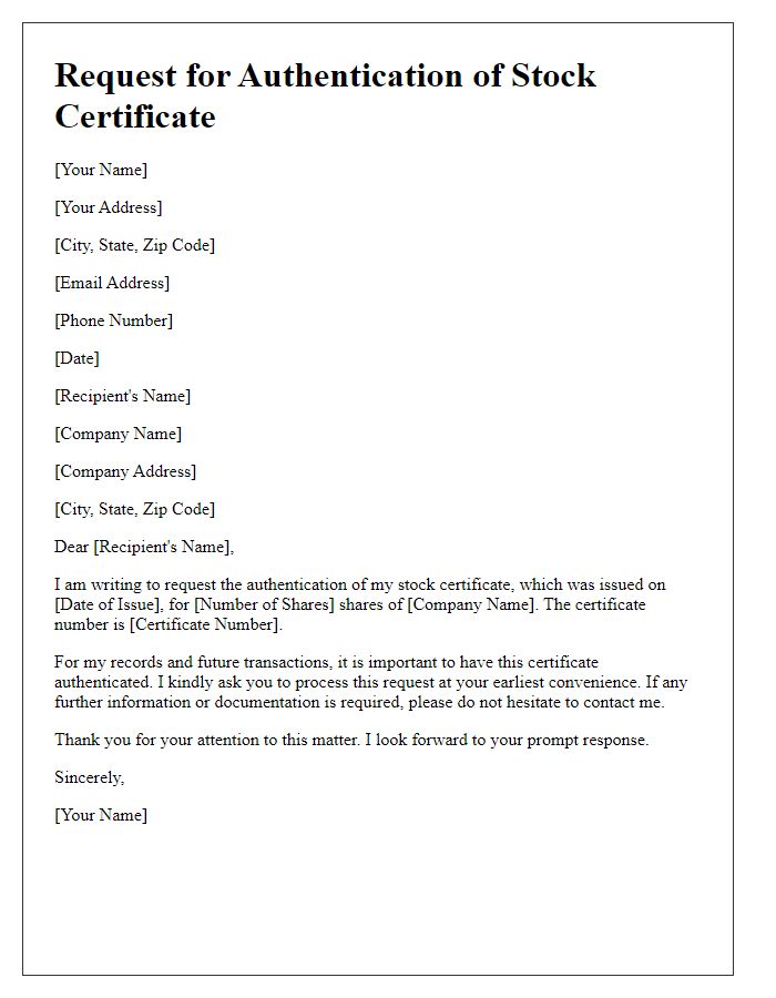 Letter template of request for authentication of stock certificate