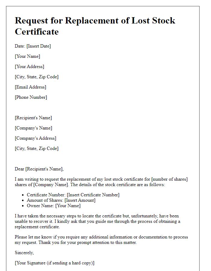 Letter template of request for lost stock certificate replacement