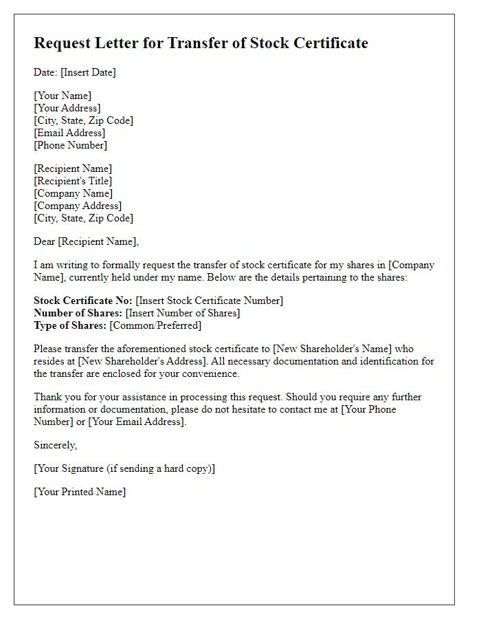 Letter template of request to transfer stock certificate for shareholders