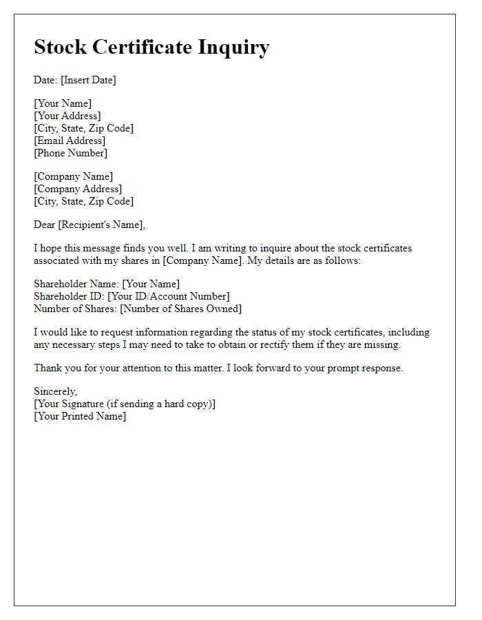 Letter template of stock certificate inquiry for shareholders