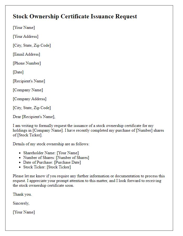 Letter template of stock ownership certificate issuance request