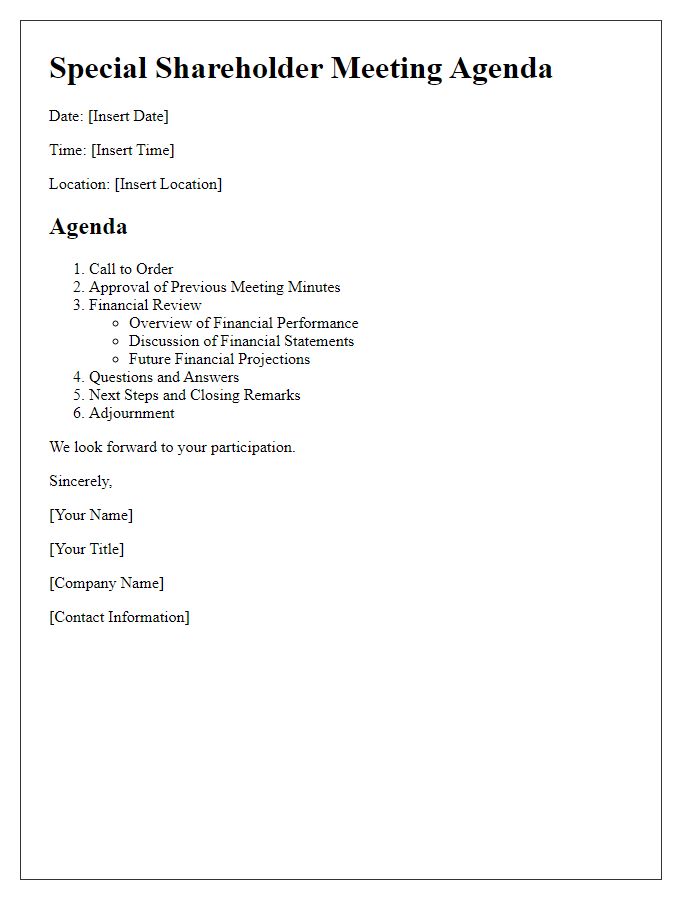 Letter template of special shareholder meeting agenda for financial review