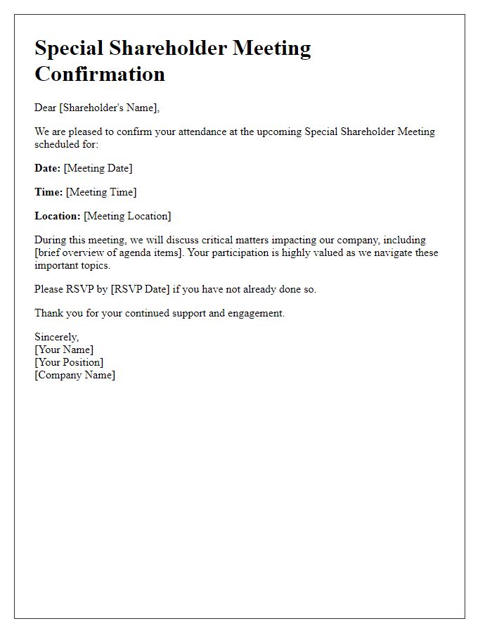 Letter template of special shareholder meeting confirmation for attendance