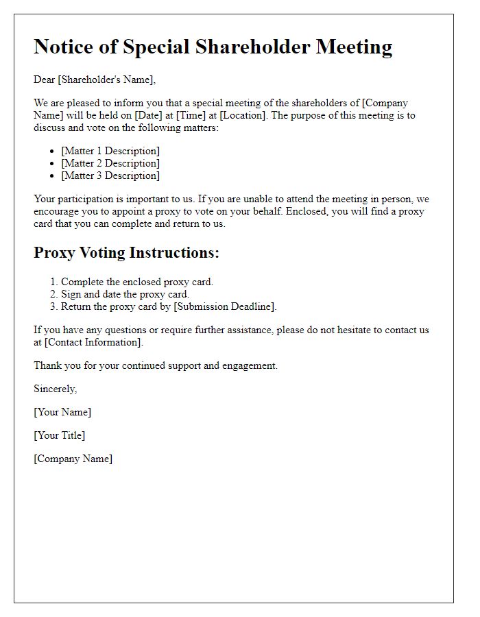 Letter template of special shareholder meeting details for proxy voting