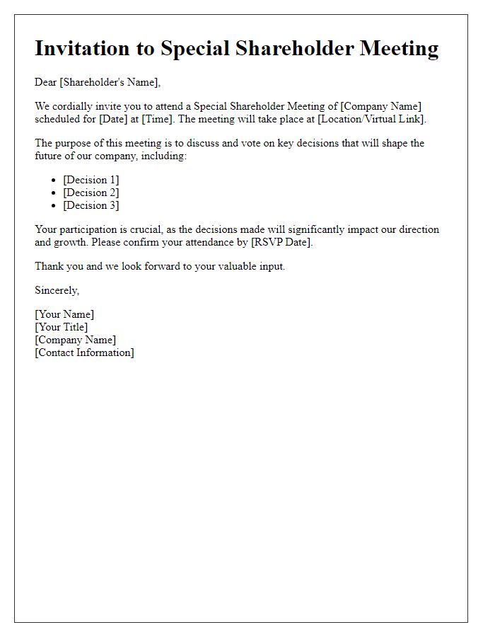 Letter template of special shareholder meeting invitation for key decisions