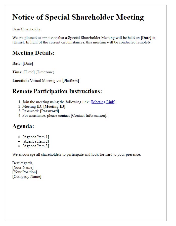 Letter template of special shareholder meeting logistics for remote participation