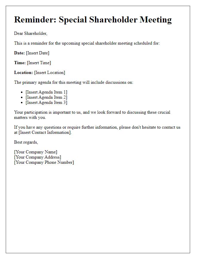 Letter template of special shareholder meeting reminder for upcoming discussions