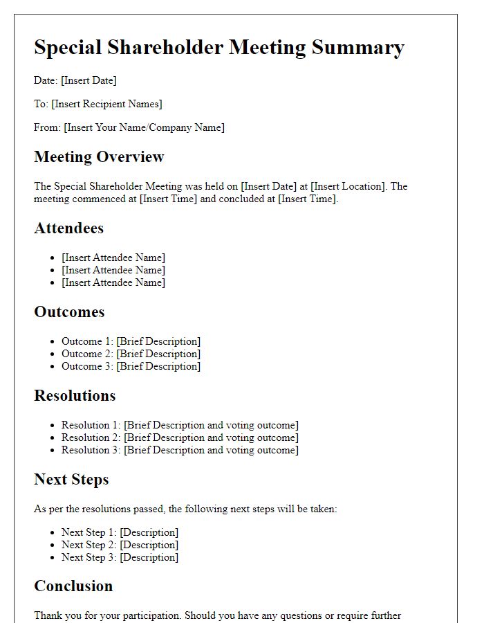 Letter template of special shareholder meeting summary for outcomes and resolutions