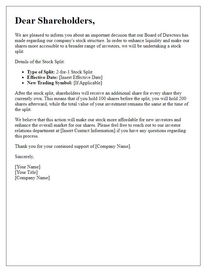 Letter template of shareholder letter detailing stock split arrangements.