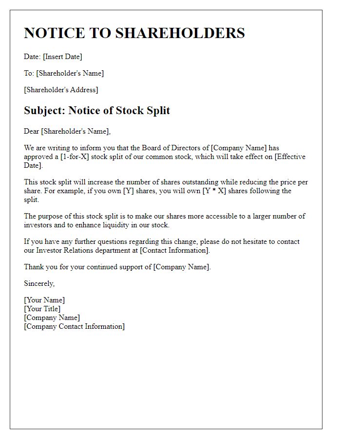 Letter template of shareholder notice regarding stock split changes.