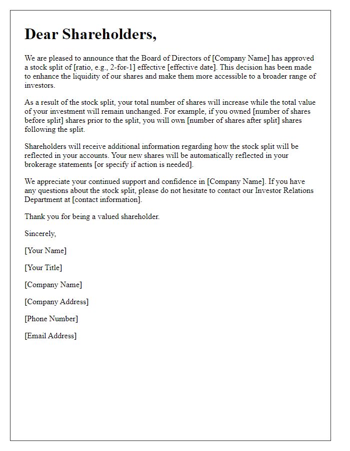 Letter template of stock split notification for shareholders.