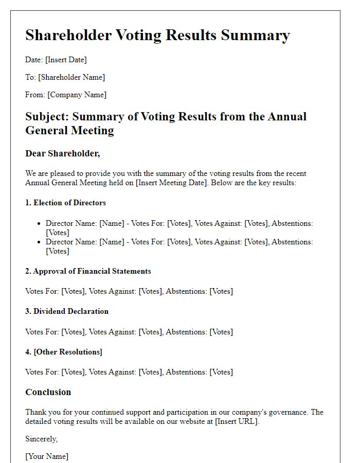 Letter template of shareholder voting results summary