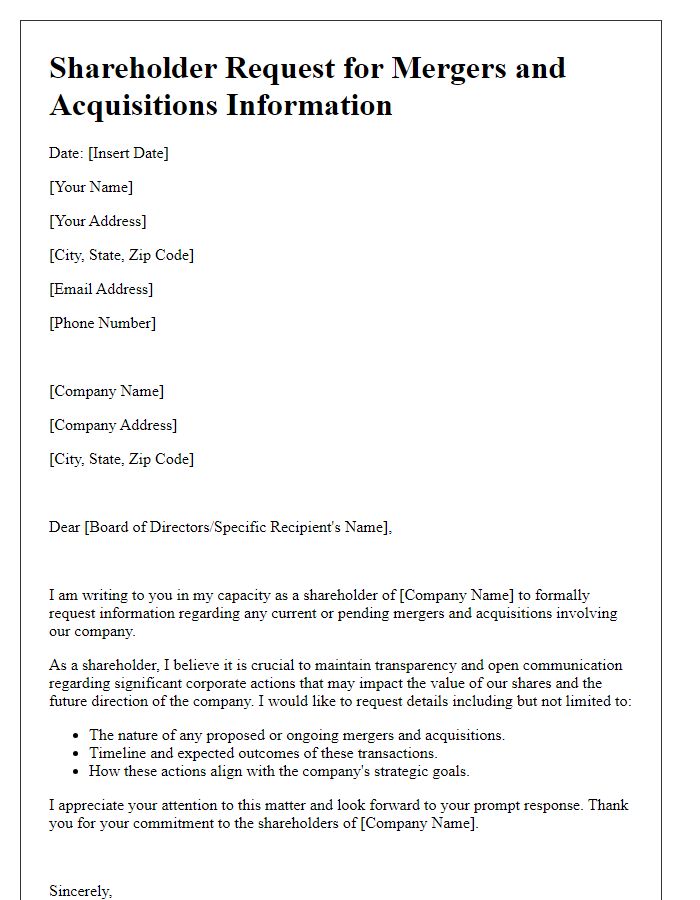 Letter template of Shareholder Request for Mergers and Acquisitions Information