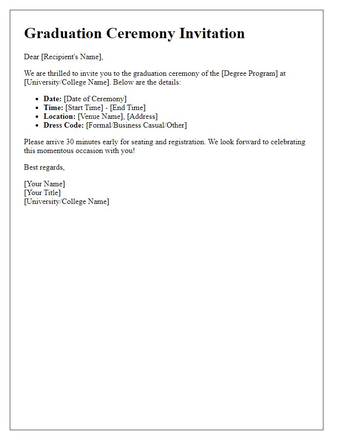 Letter template of graduation ceremony details