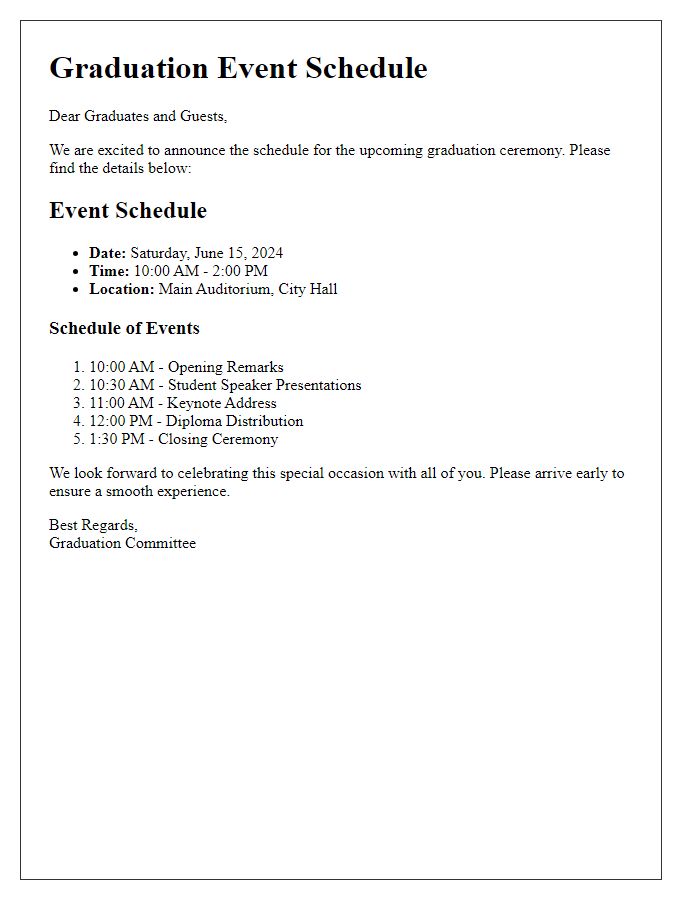 Letter template of graduation event schedule