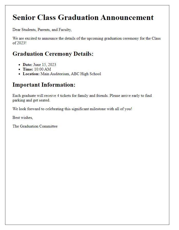 Letter template of senior class graduation details