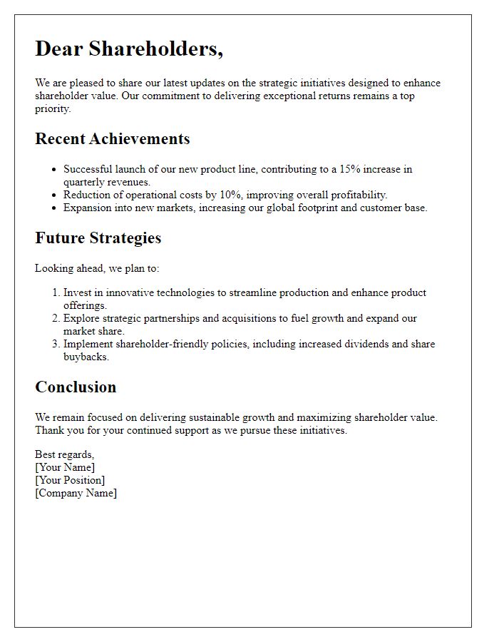 Letter template of enhanced shareholder value communication