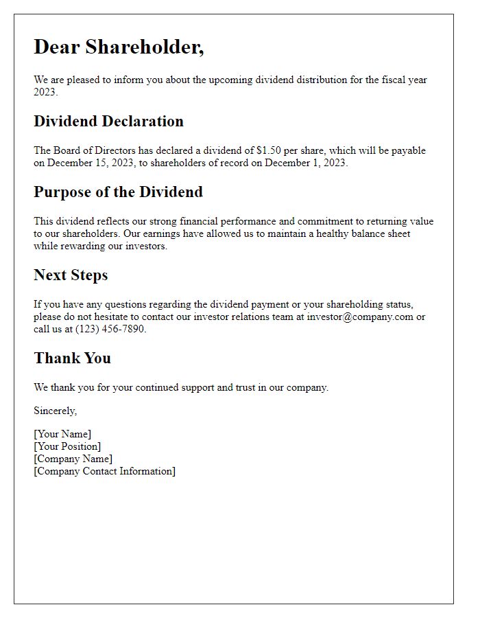 Letter template of shareholder dividend explanation