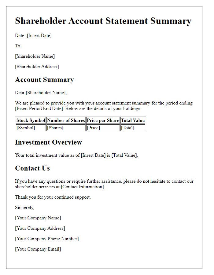 Letter template of shareholder account statement summary