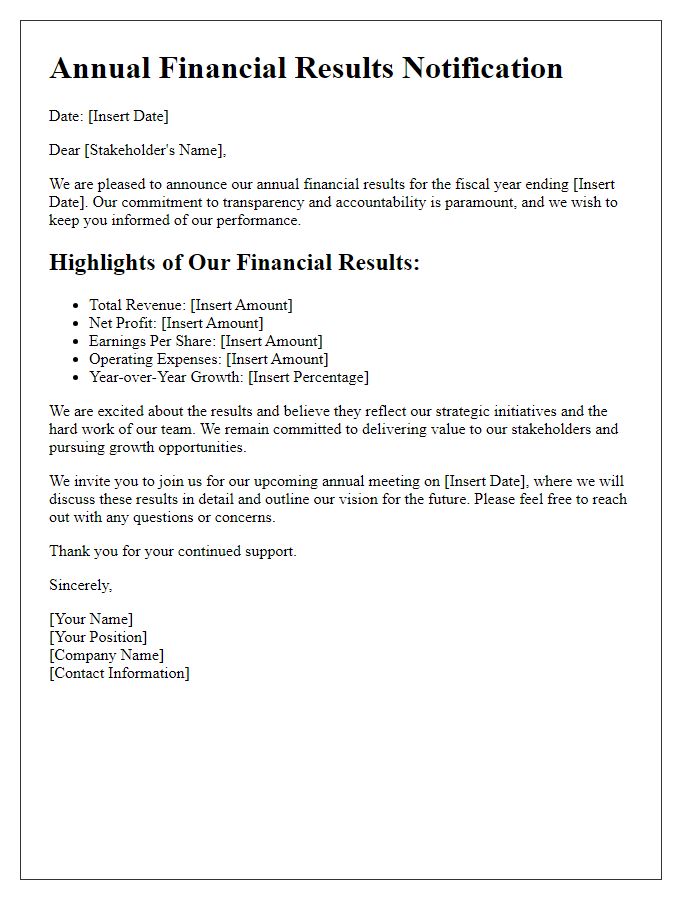 Letter template of annual financial results notification for stakeholders