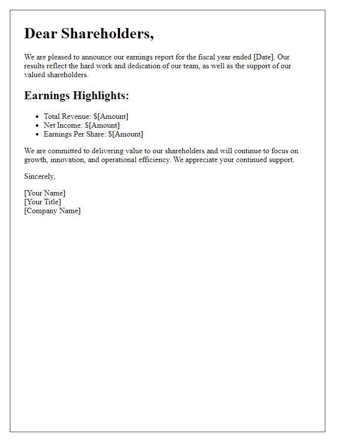 Letter template of earnings report announcement for shareholders