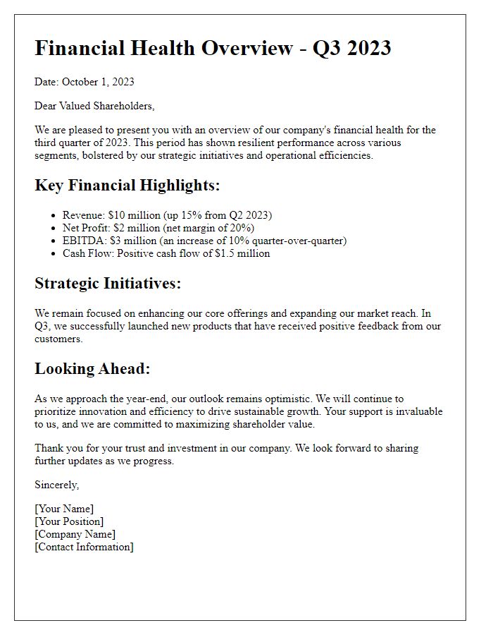 Letter template of financial health overview for shareholder communication