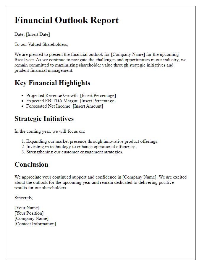 Letter template of financial outlook report for shareholders