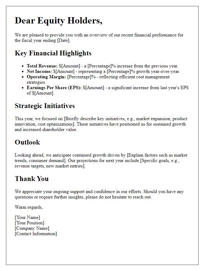 Letter template of financial performance insights for equity holders