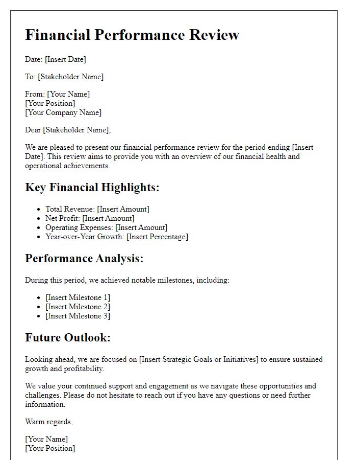 Letter template of financial performance review for stakeholder engagement