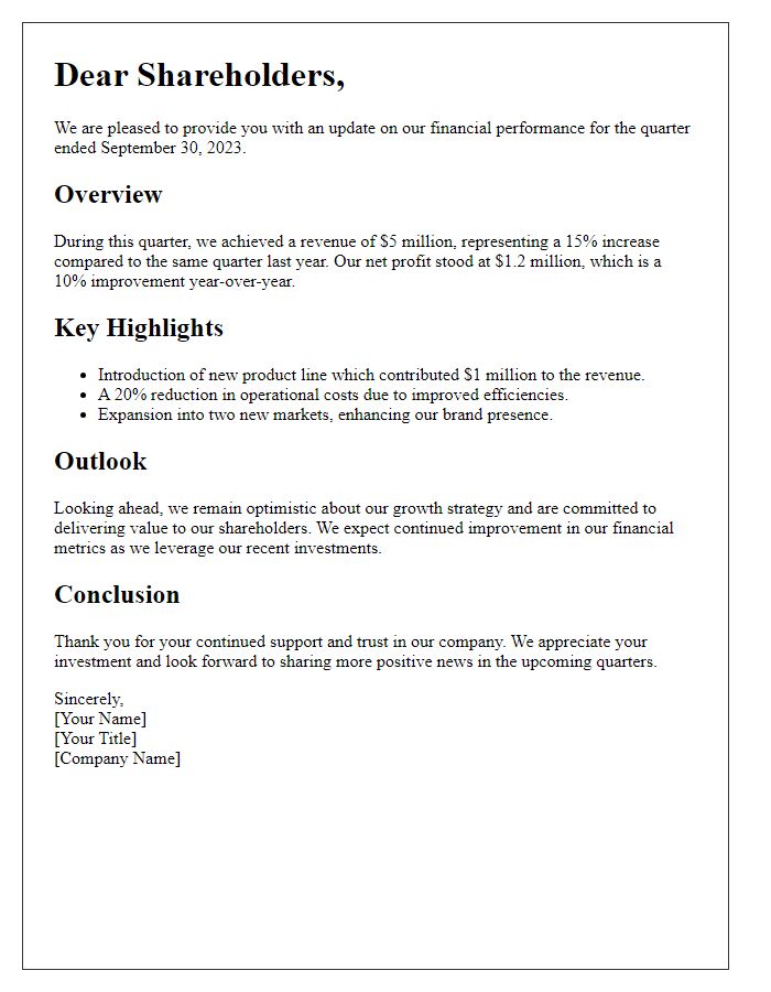 Letter template of financial performance update for shareholders