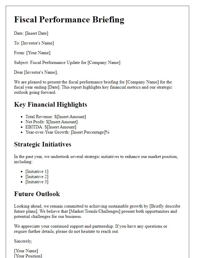 Letter template of fiscal performance briefing for company investors