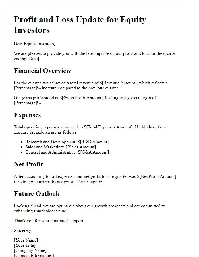 Letter template of profit and loss update for equity investors