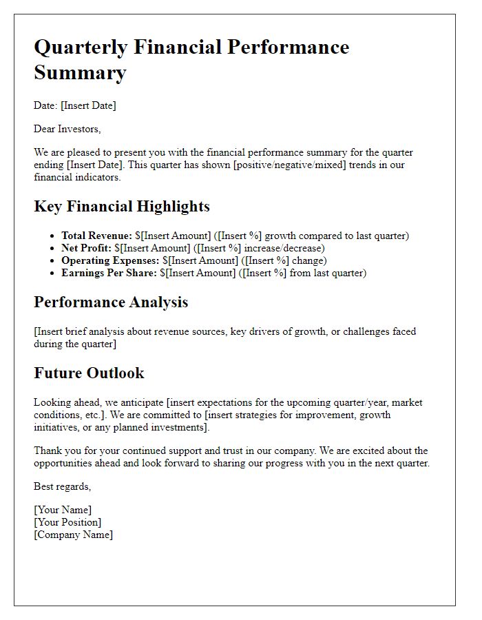 Letter template of quarterly financial performance summary for investors