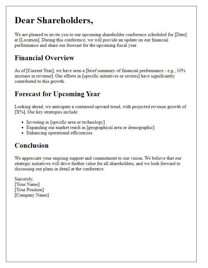 Letter template of financial forecasting for shareholder conference