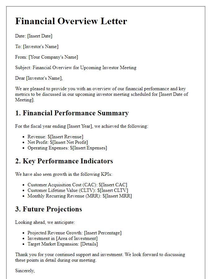 Letter template of financial overview for investor meeting