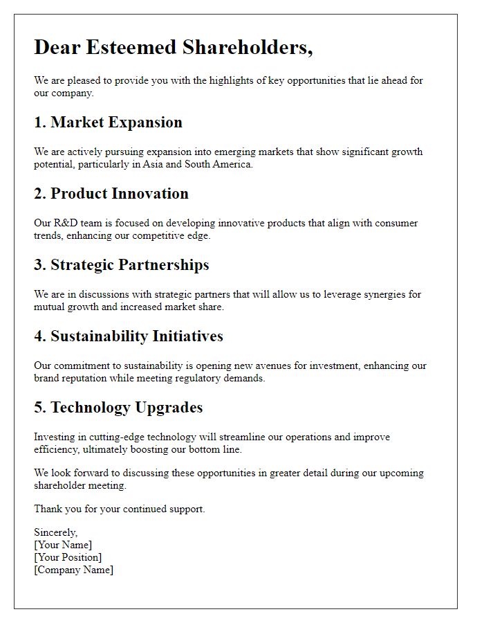 Letter template of opportunity highlights for shareholder briefing