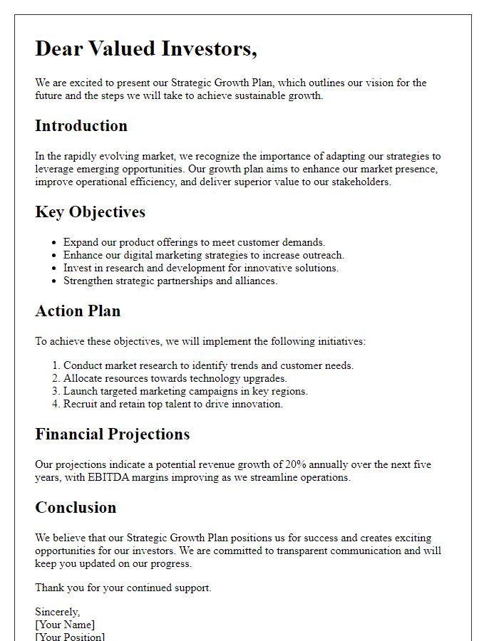 Letter template of strategic growth plan for investors