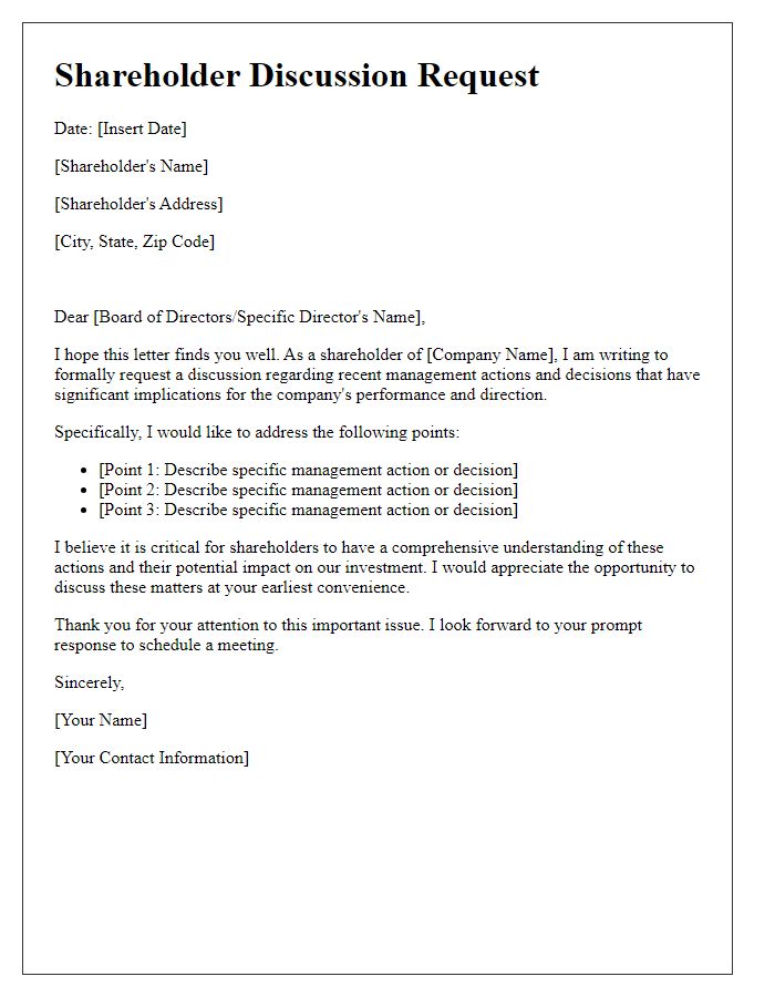 Letter template of shareholder discussion request on management actions