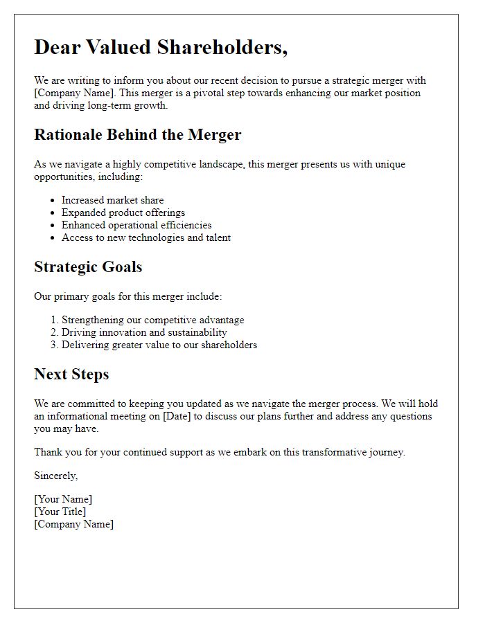 Letter template of explanation for shareholders about merger strategies.