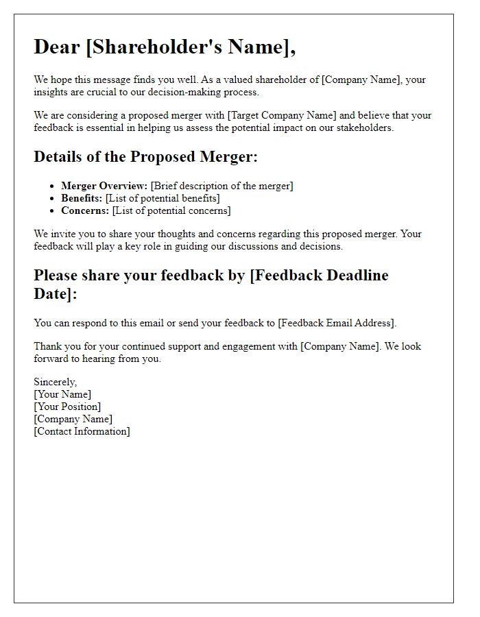 Letter template of feedback solicitation from shareholders regarding proposed mergers.