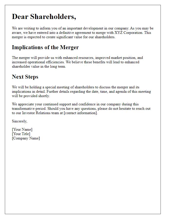 Letter template of formal communication to shareholders regarding merger implications.