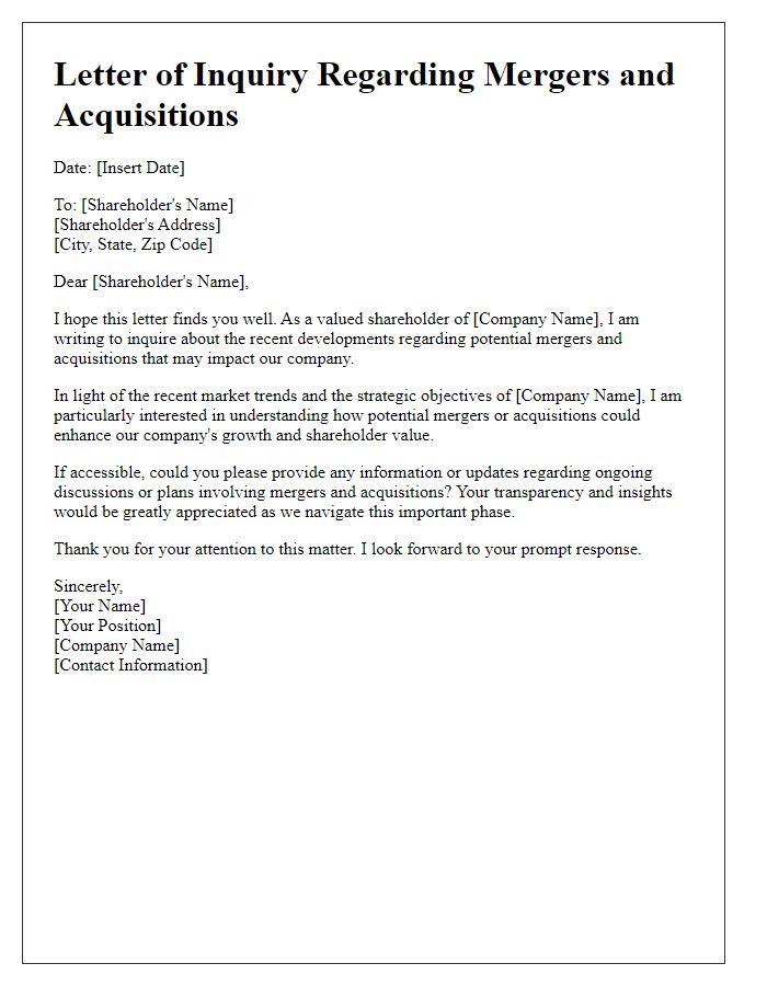 Letter template of inquiry for shareholders about mergers and acquisitions.