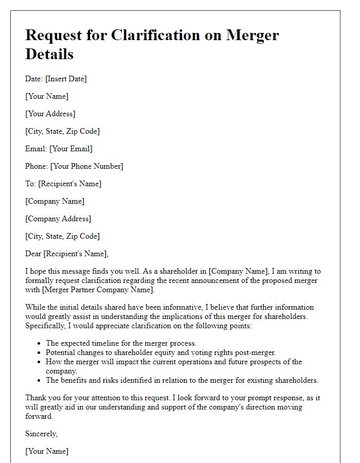 Letter template of request for clarification on merger details for shareholders.