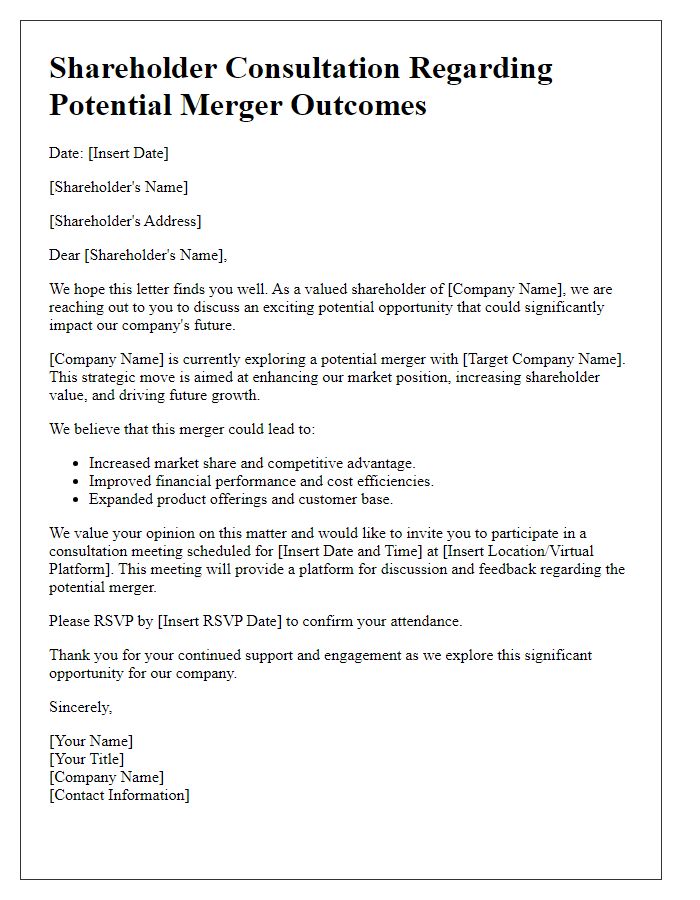 Letter template of shareholder consultation regarding potential merger outcomes.