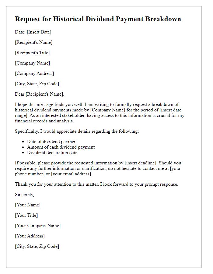 Letter template of formal request for historical dividend payment breakdown.