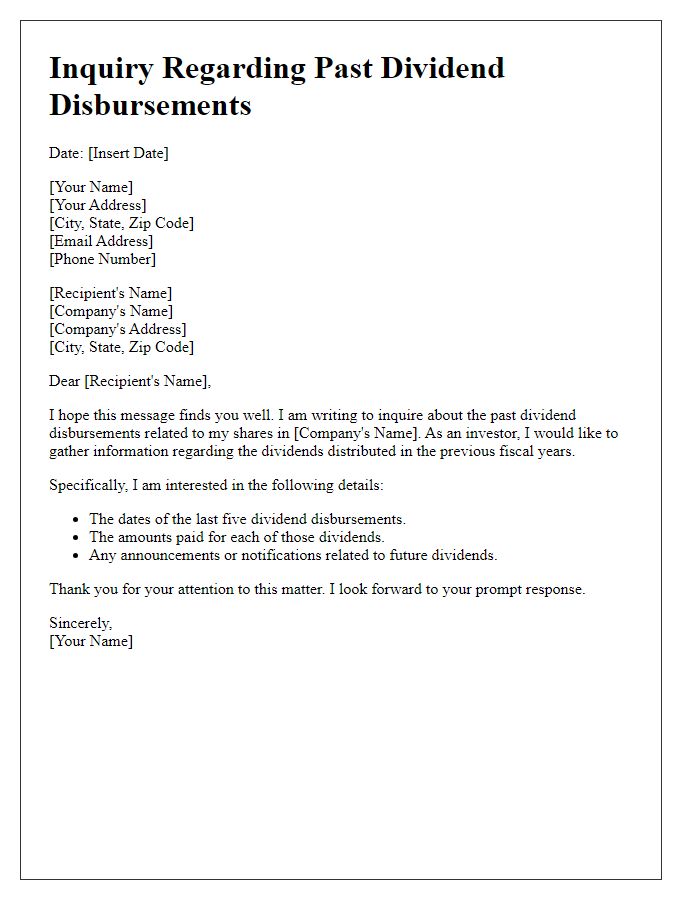 Letter template of inquiry regarding past dividend disbursements.