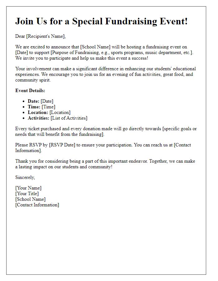 Letter template of school fundraising appeal for event participation.