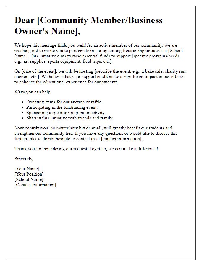 Letter template of school fundraising initiative for community support.