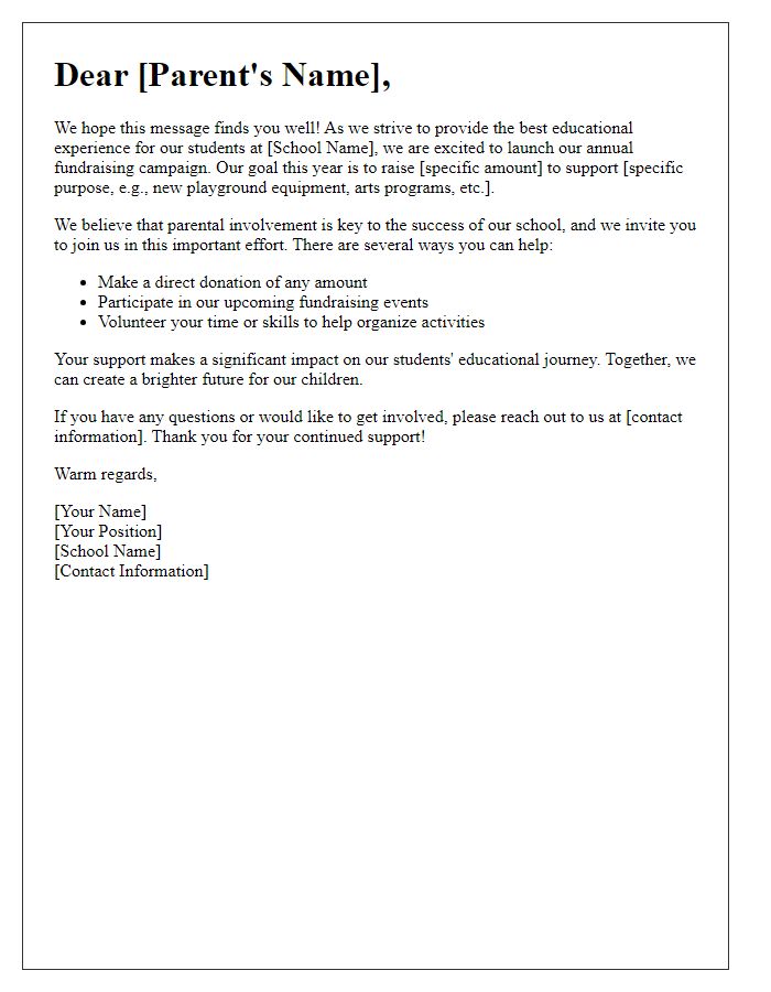 Letter template of school fundraising solicitation for parent involvement.